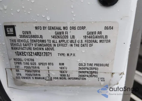 2004 GMC Yukon Sle from USA, damaged, VIN 1GKEC13Z14R317871